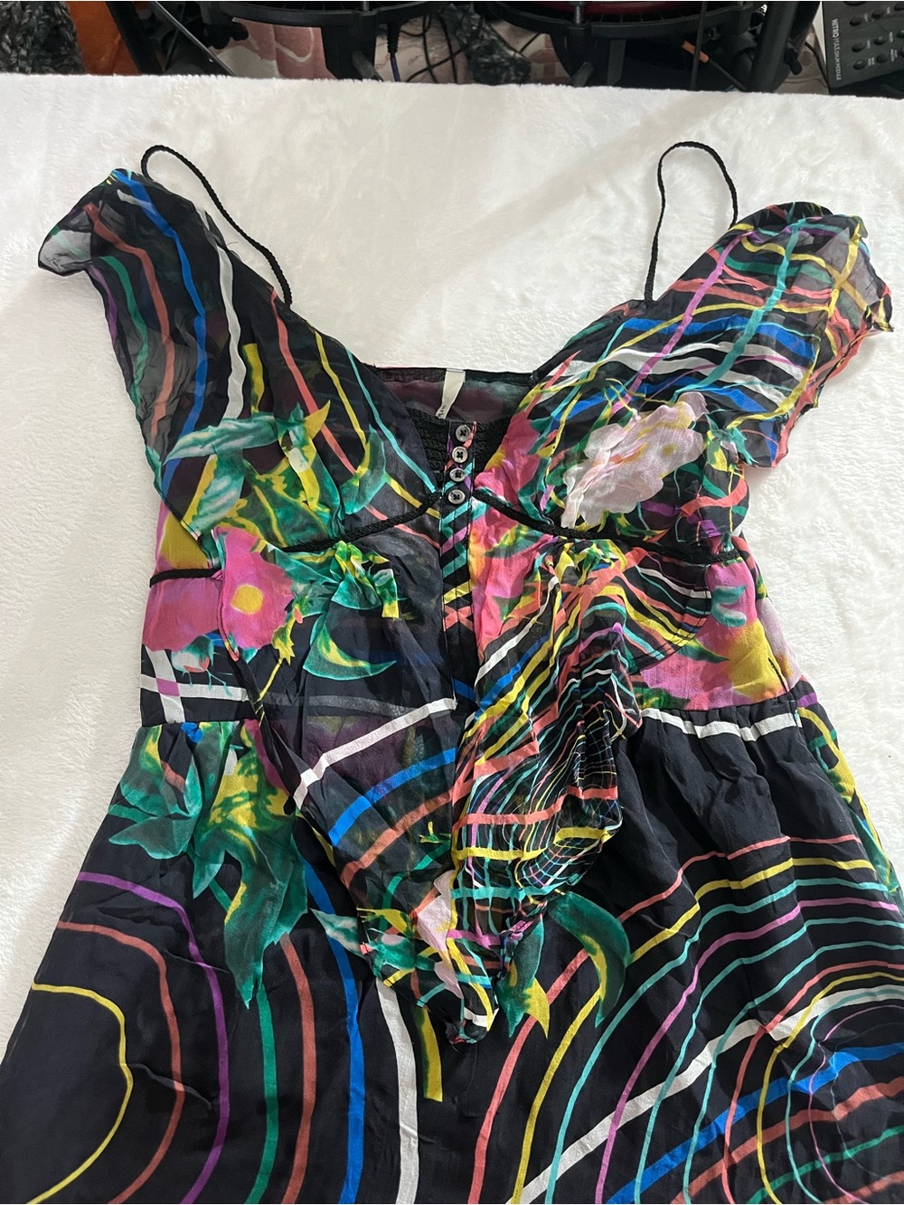 100% Silk Mini Dress Abstract Ark & Co Multicolor Ruffled Chiffon Whimsical Fun - Picture 7 of 16